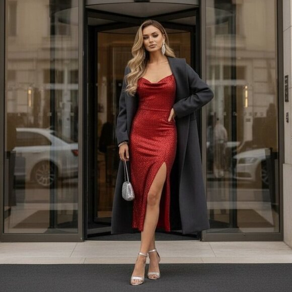 Glam Red Sparkly Draped Bodycon Midi Dress Backless Lace Up Holiday Party Size M - Picture 15 of 15